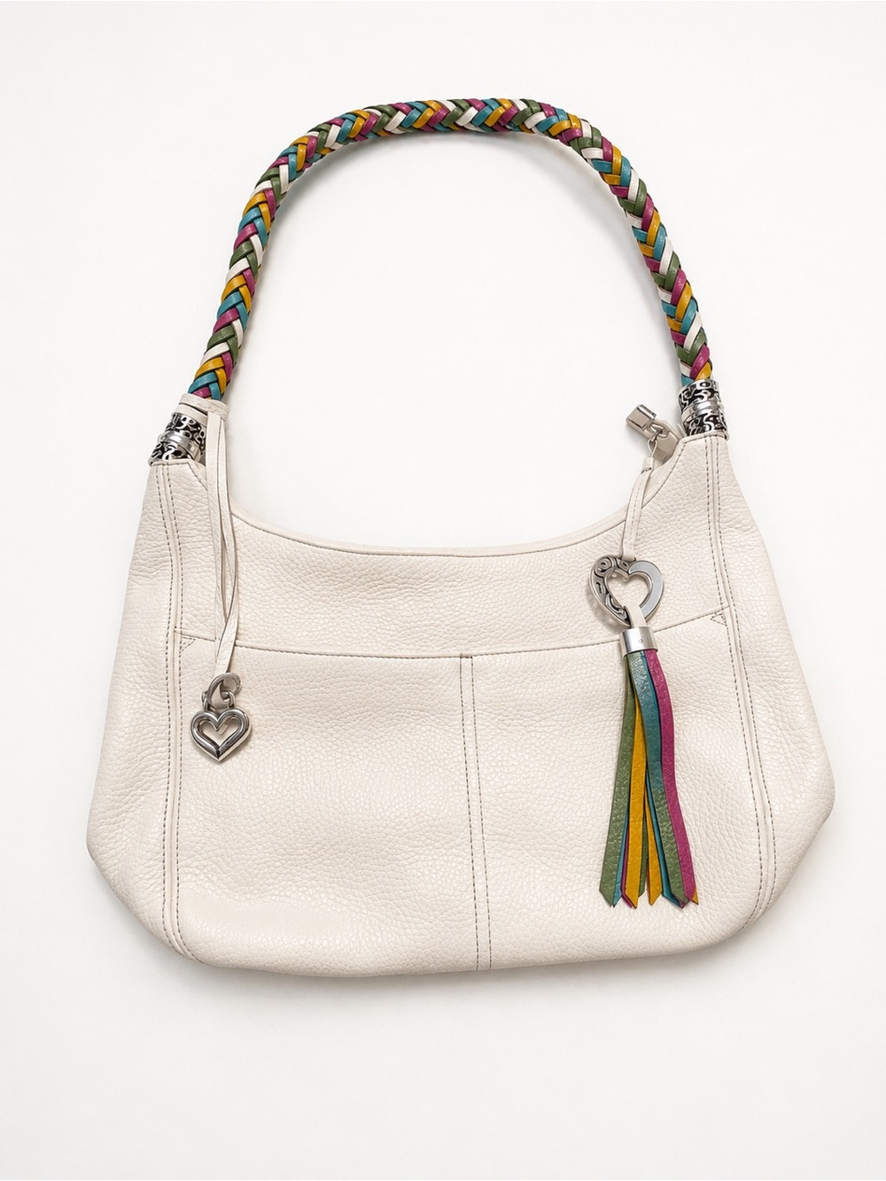 Brighton Cream Leather Shoulder Bag with Multicolor Braided Strap